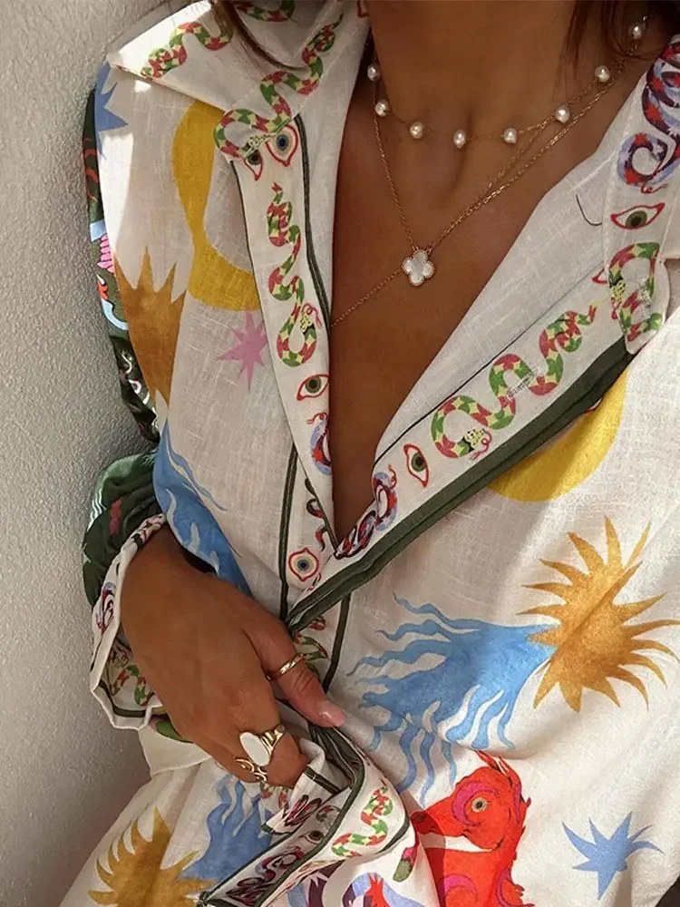 2024 Summer Beach Holiday Outfits Loose Printed 2 Pieces Pant Sets Women Lapel Long Sleeve Blouse High Waist Wide Leg Pants Suit