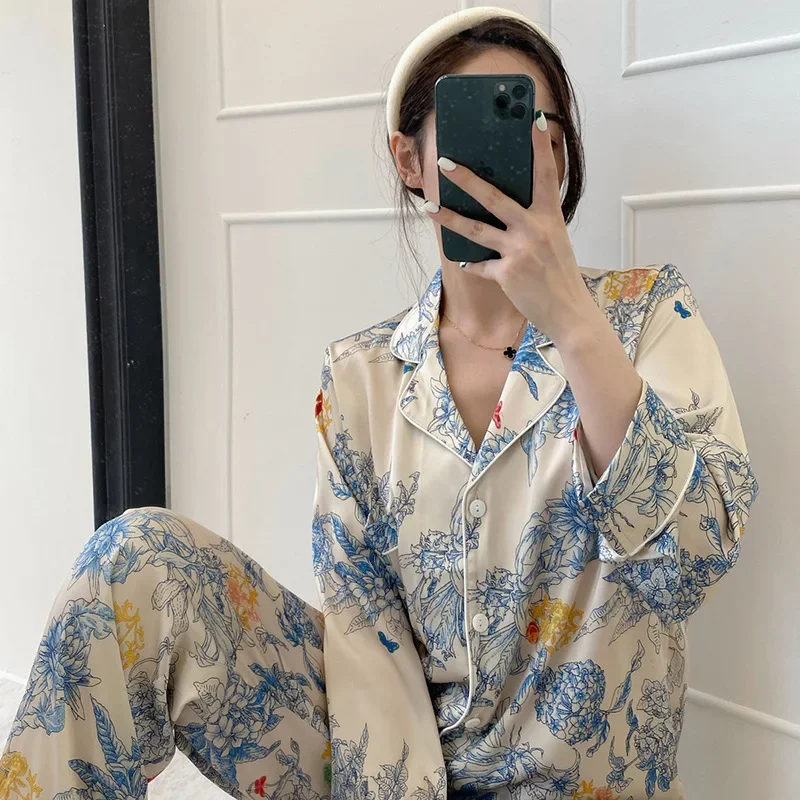 Women\'s Pajamas Sets Spring Autumn 2 Piece Monet Floral Pyjama Faux Silk Satin Sleepwear Long Sleeve Pijama Mujer Pjs Homewear