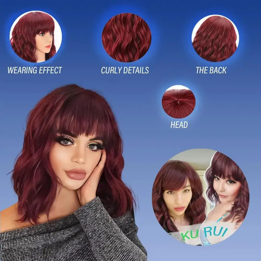 HAIR Natural Brown Synthetic Curly Wavy Bob Wig with Bangs for Women#Color:HY-751-6,Bulk Buy:1 PC