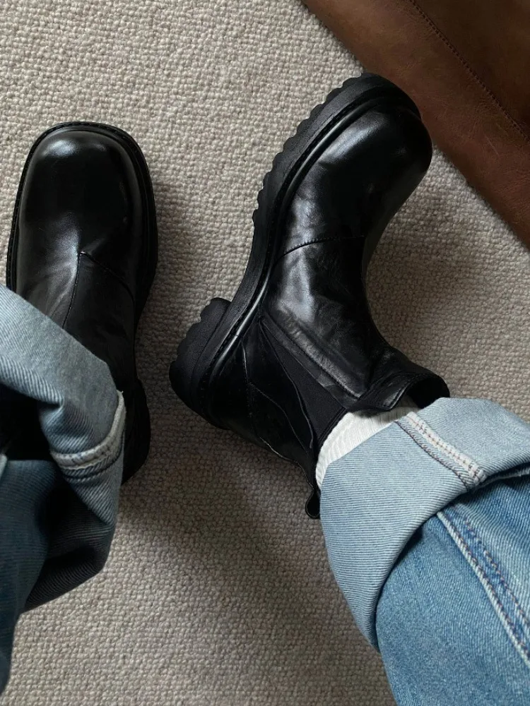Men Shoes Retro Black Chelsea Boots New Design Thick Soled Short Boots Genuine Leather Outdoor Hiking Work Boots