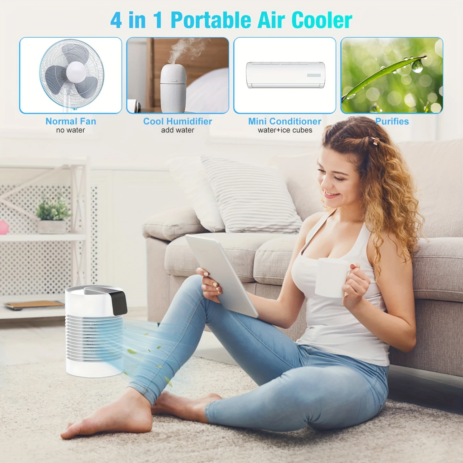 Ventilatore portatile per condizionatore d'aria, AC e umidificatore portatili 4 in 1, unità CA a 3 velocità °   Mini condizionatore d'aria rotante Personal Ai