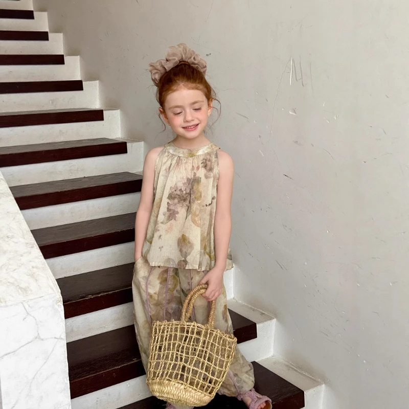 25 Girls' Chinese Style Sleeveless Set, Summer New Temperament Children's Ink Painting with Bow Tie, Flowing Two-Piece Outfit