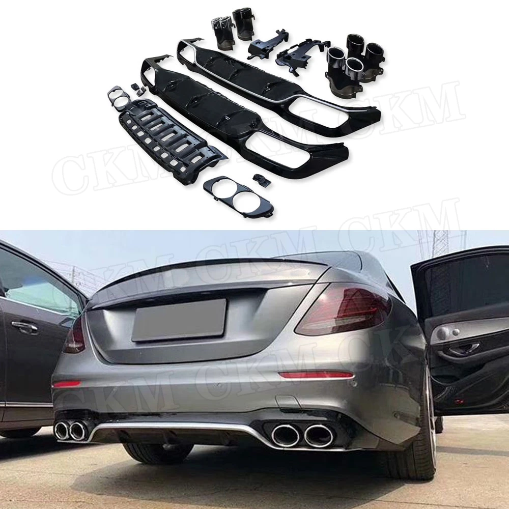 ABS Black Rear Bumper Lip Diffuser Spoiler with Exhaust Tips for Benz E Class W213 E200 E260 E300 2017-2019 E53 Style Diffuser