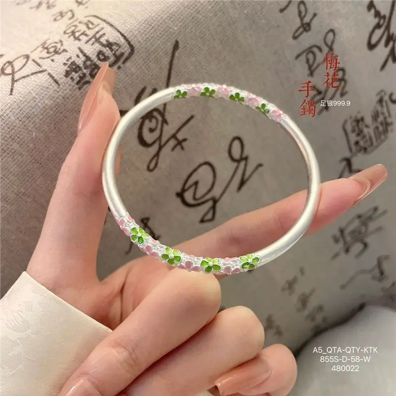 

Plum Blossom Closed Mouth 9999 Sterling Style Enamel Color Silver Bracelet