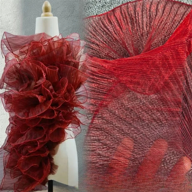 Water wave ruffle lace with soft pleats, tulle with iridescent organza fabric, designer decorative trim