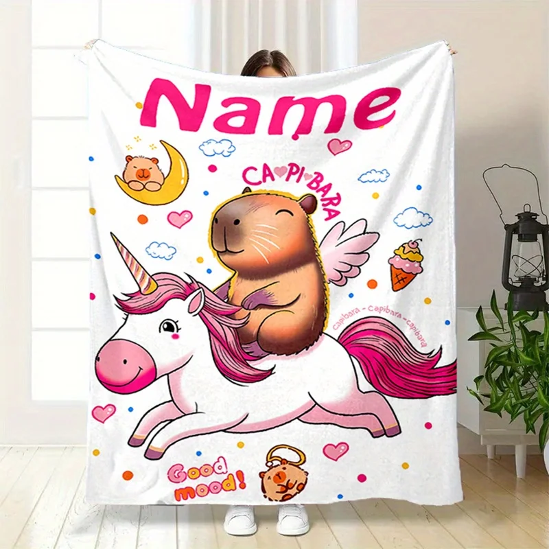 A custom-named capybara unicorn flannel blanket is the perfect gift for a short rest, camping trip, and for friends and family