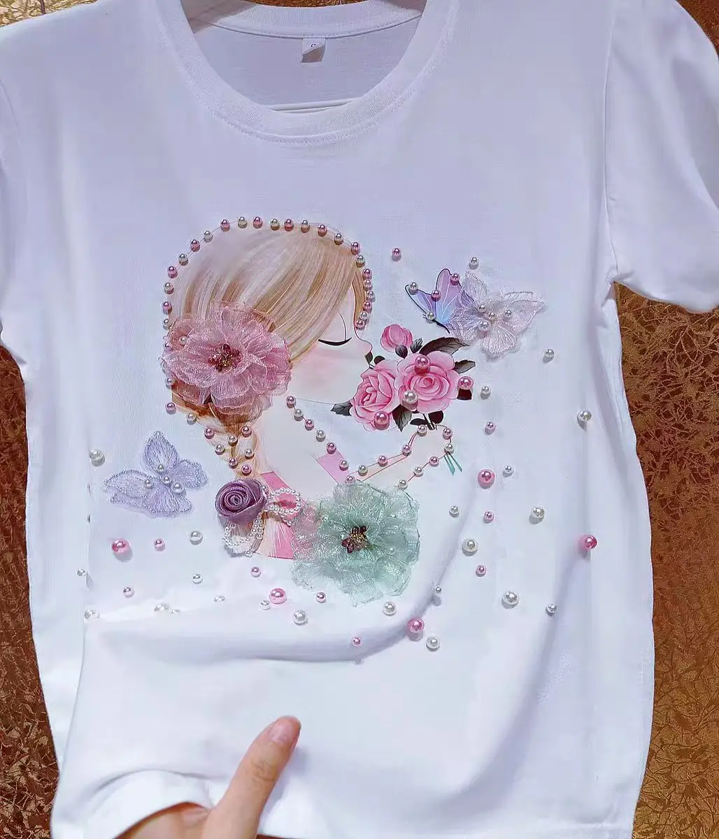 New In Y2K Tshirt  Luxury Beaded Flowers Graphic Cotton T Shirts For Women Embroidery Butterfly Stitch Tops Tees Camisetas