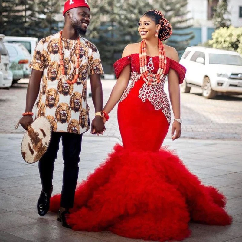 Red Aso Ebi Mermaid Prom Dresses Off The Shoulder Tiered Bottom Appliques Beads Lace Up Evening Dress Formal Party Wear