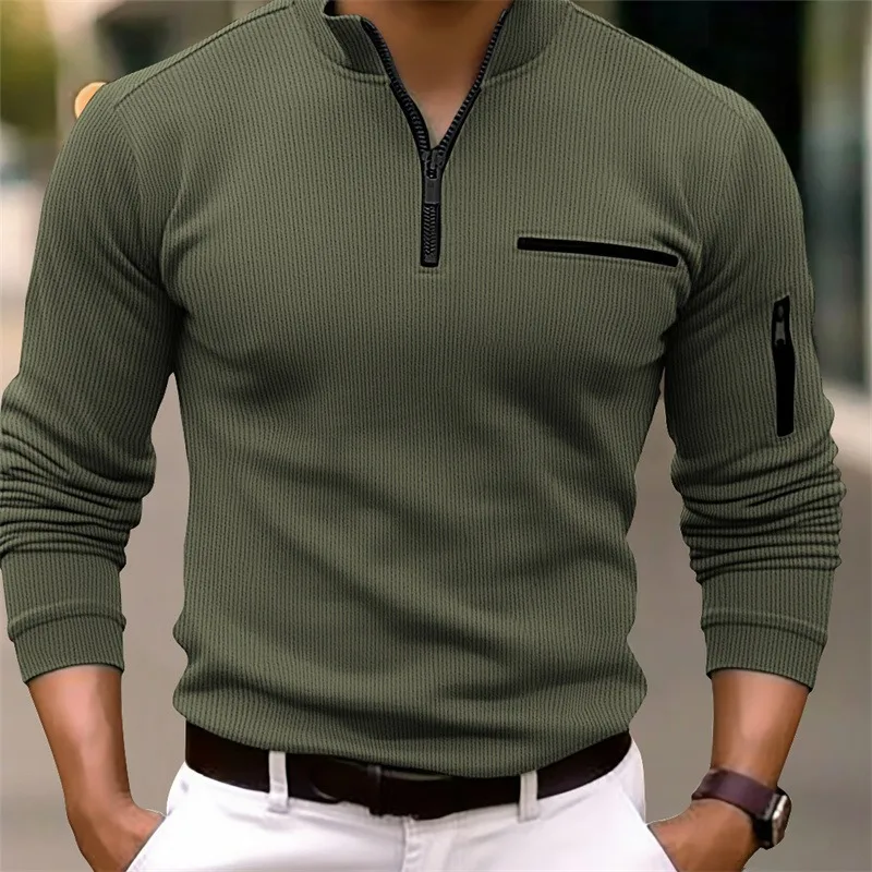 New men\'s arm zipper spring and fall leisure sports solid color striped pocket long sleeve poro shirt