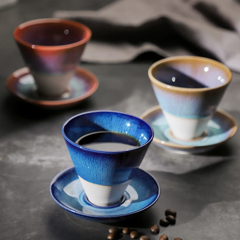 Japanese Creative Tapered Flowing Glazed Coarse Ceramic Retro Coffee Cup Ceramic Latte Cup Flower Cup Plate Home Kitchen Tea Set