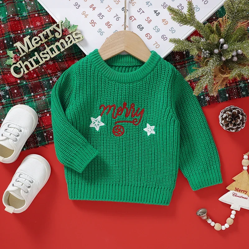 

Christmas Baby Sweaters Knit Embroidery Infant Girl Boy Pullover Fashion Letters Toddler Children Xmas Clothing Long Sleeve Tops