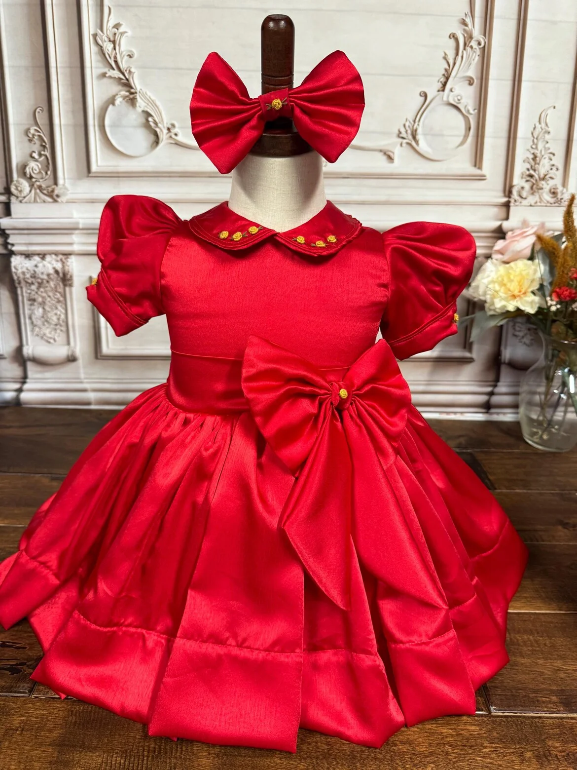 Summer Baby Girl Cute Handmade Embroidered Yellow Flower Red Dress With Bow for Casual Party Birthday Wedding Photography