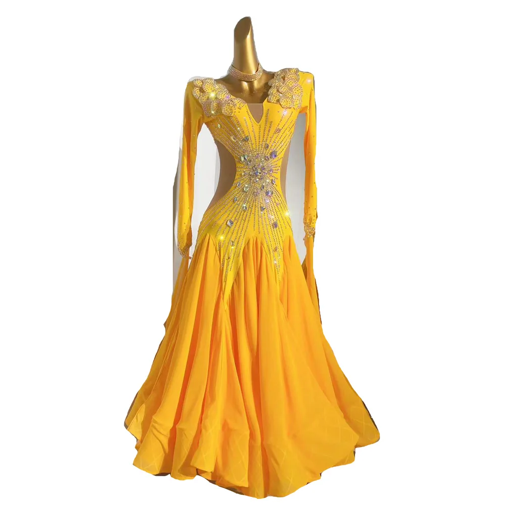 Ballroom dress high-end customized yellow large hem with diamond cha cha tango waltz adult stage professional clothing