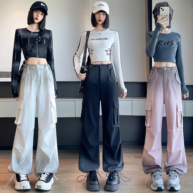 

Women's Tie-Dye Gradient Cargo Pants 2024 New Spring & Autumn Style, High-Waist, Loose Fit, Slimming Casual Wide-Leg Trousers