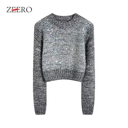 Autumn Winter Women Streetwear Shiny Sequins Ink Sweater Tops Female O Neck Short Y2k Knitwear Pullover Jumper Sueter Mujer