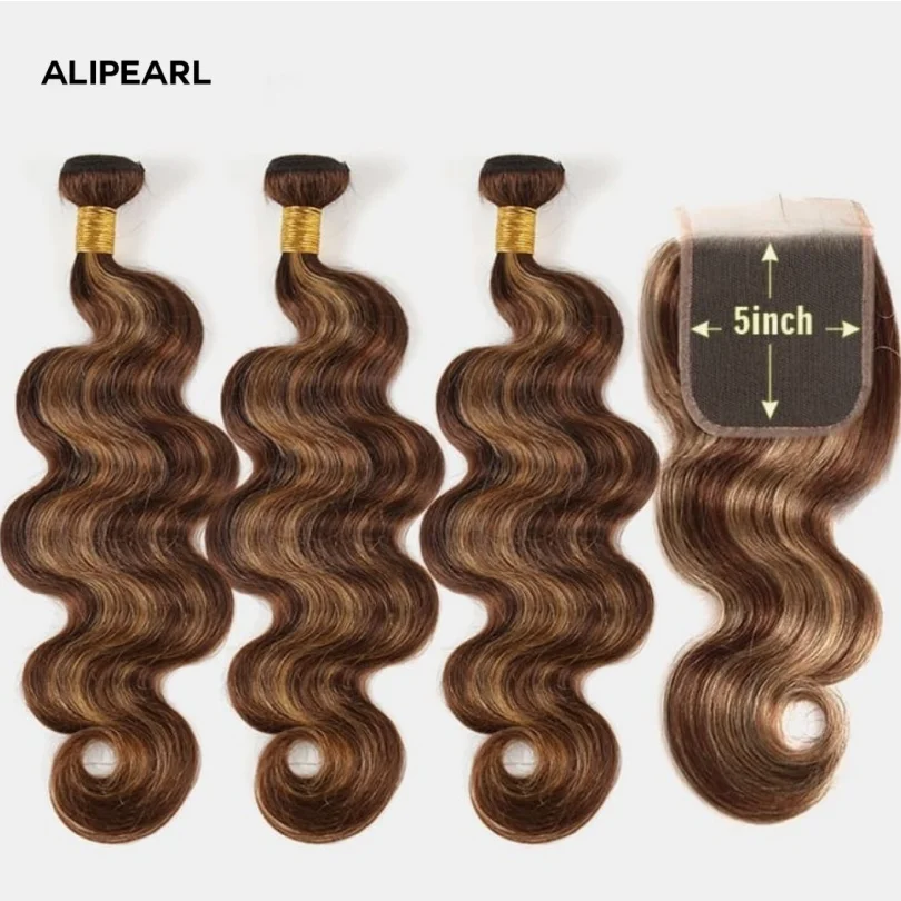 Alipearl Brown Balayage Hair #4/27 Body Wave Highlight Bundles With 5x5 Lace Closure