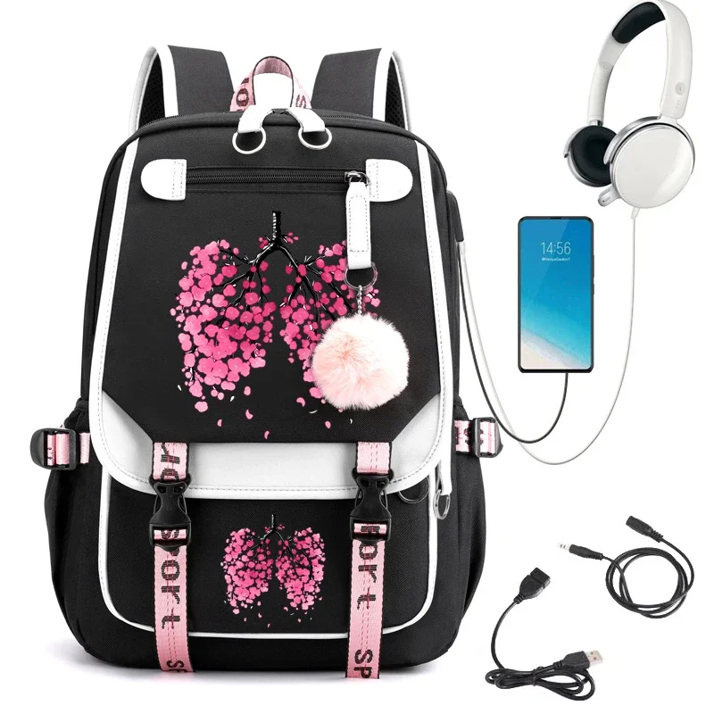 Sakura Hanahaki Pulmões Mochila para meninas, bonitos sacos escolares para estudante, mochila escolar impermeável para adolescente, muitos bolsos