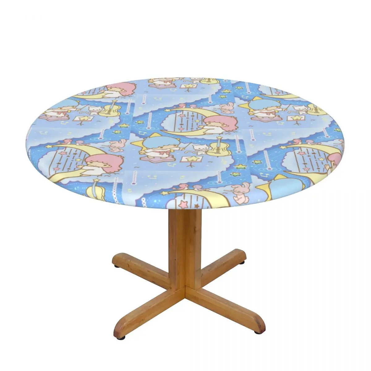 Round Fitted Little Twin Stars Sanrio Cartoon Kiki Lala Table Cloth Oilproof Tablecloth Table Cover Backed with Elastic Edge