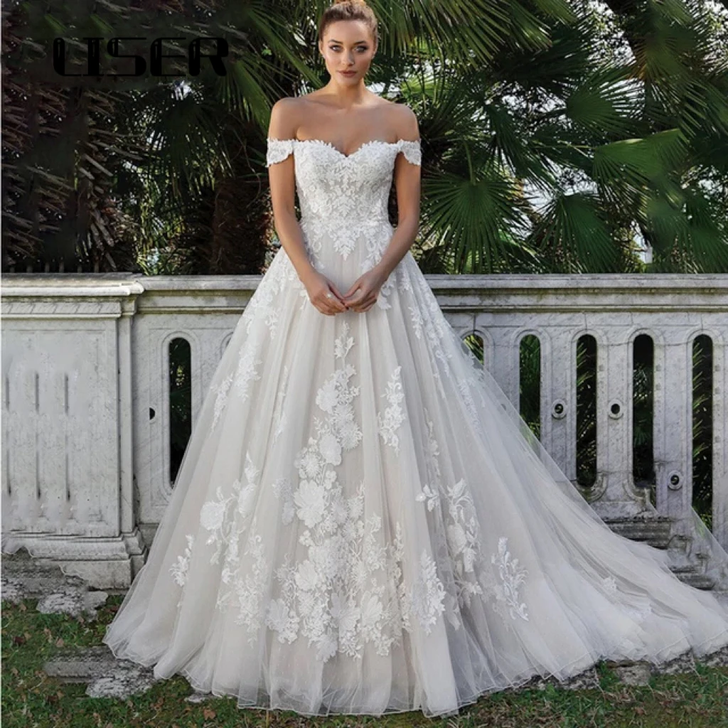 LISER Elegant A-line Lace Wedding Dresses For Women applique  Off-Shoulder Bridal Gown Backless Sweep Train Vestidos De Noiva