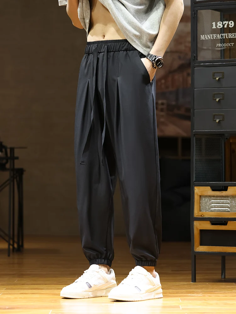 2024 New Oversize Summer Pants Men Streetwear Wide Leg Casual Ice Silk Cooling Pants Male Loose Straight Trousers Plus Size 8xl