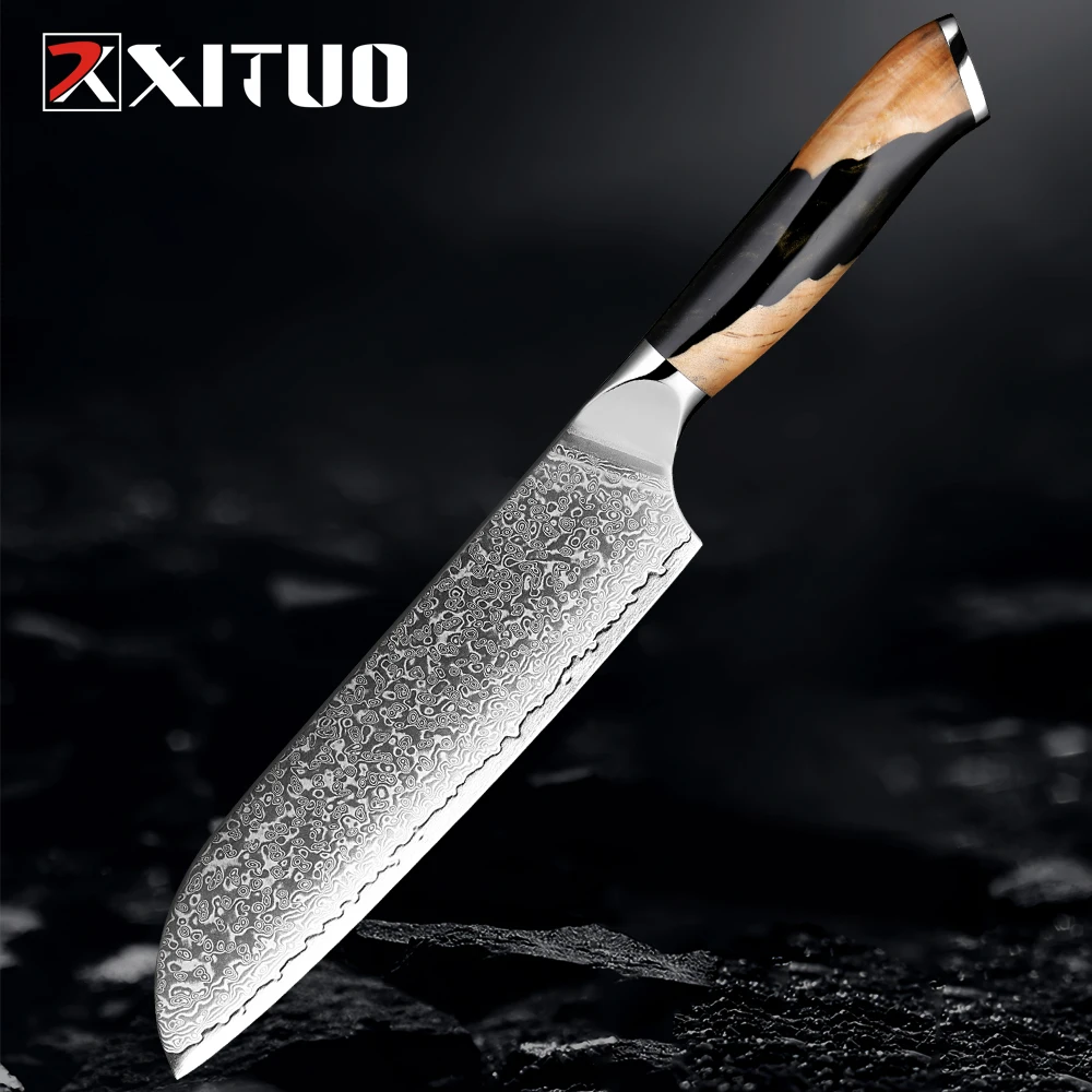 Pro Damascus Santoku Knife 7 inch Kitchen Knife VG10 Super Damascus Steel Ultra Sharp Chopping Knife for Meat Vegetable Fruit