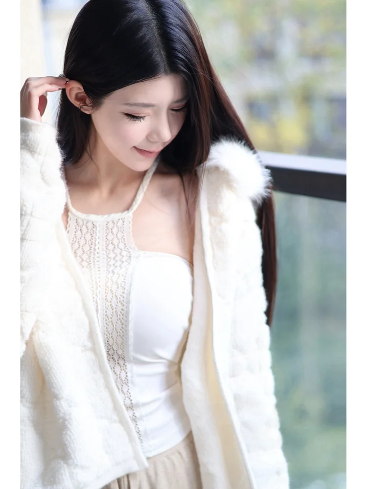 

Women's Soft Lace Knitted Svel Top Ne Hanging Design Casual Sle Polyester Fabric U-Ne Zipper Closure Inner Wear