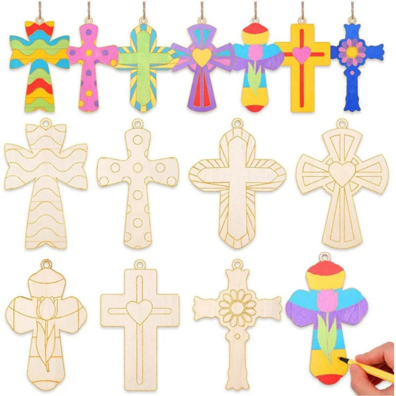 Excellenttqualityy-28PCS Croce in legno non finita Piccolo battesimo Croce Ciondolo Pittura per bambini fai da te Graffiti Home Party Decorat