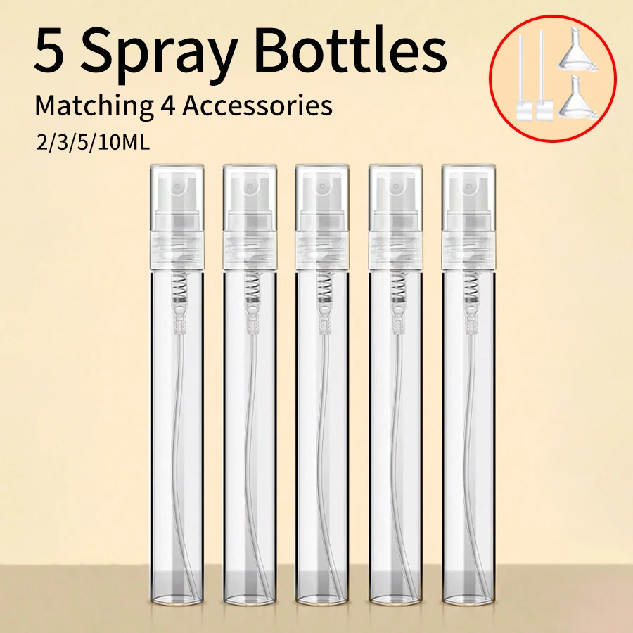 5pcs+4 Accessories 2/3/5/10ml Portable Perfume Spray Bottle with 5 spray bottles, 2 funnels, 2 dispenser divider.