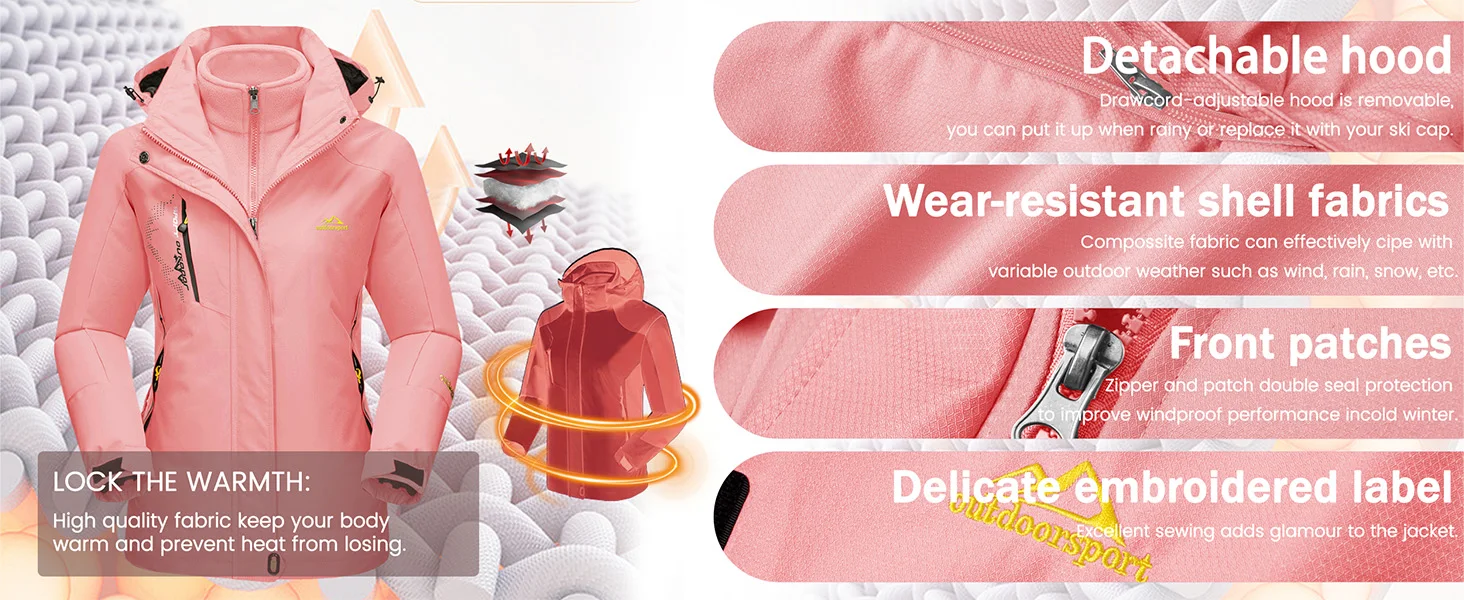 EKLENTSON Damen 3-in-1 wasserdichte Skijacke Winter Warmer Fleece-gefütterter Mantel Winddichter Parka mit Kapuze zum Snowboarden Wandern Outdoo – Detail 10