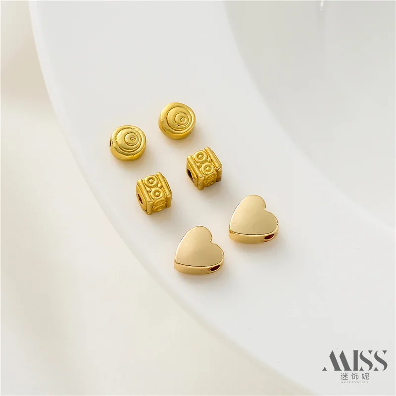 18K Vintage Gold Plated Through Hole Beads, Round Disc, Heart, Square Pattern Spacer Beads, DIY Jewelry Accessories