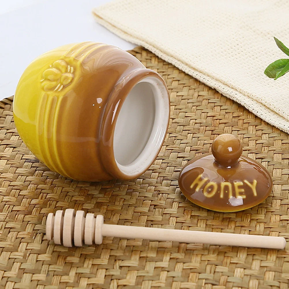 

2 set 2 Sets Storage Jars Ceramic Retro Pot Wood Stirring Stick Kitchen Honey Jars With Dipper Syrup Container Food Fresh Holder