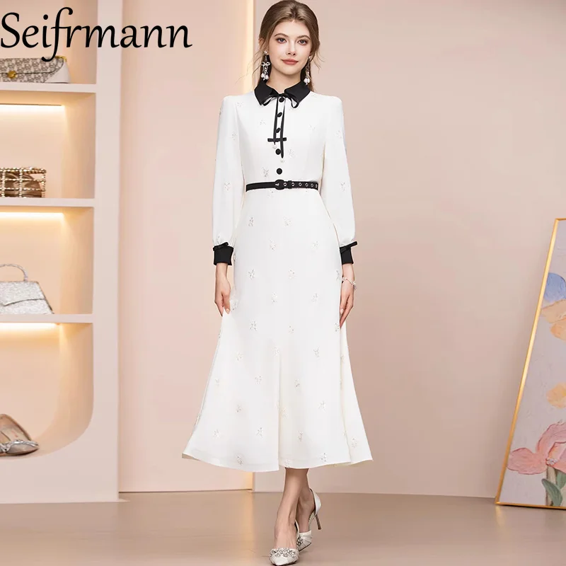 

Seifrmann 2026 Spring Women's New Fashionable lapel Long Sleeve Embroidered Belt Waist cinching Dress