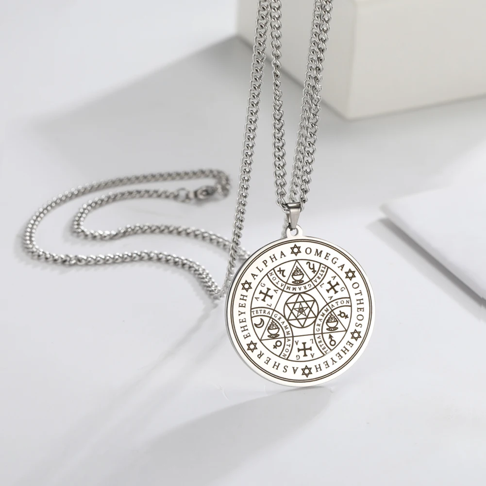 Dawapara Fortune Wheel AGLA INRI Stainless Steel Men Necklace Solomon Wealth Amulet Michael Uriel Raphael Gabriel Archangel Seal