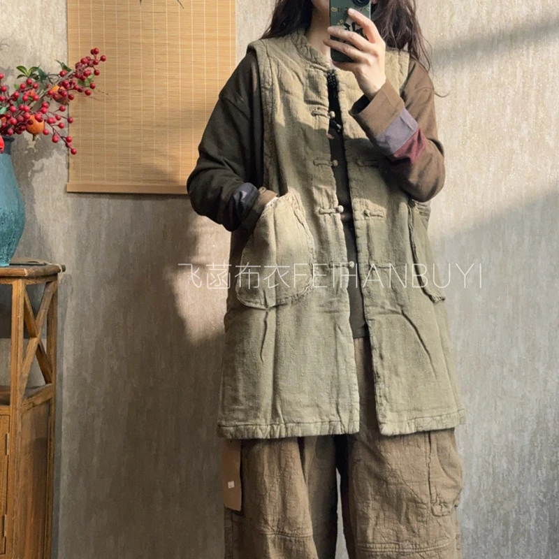 

2025 New Winter Arts Style Women Casual O-neck Long Vest Single Breasted Pocket Patchwork Cotton Linen Outerwear & Coats F184