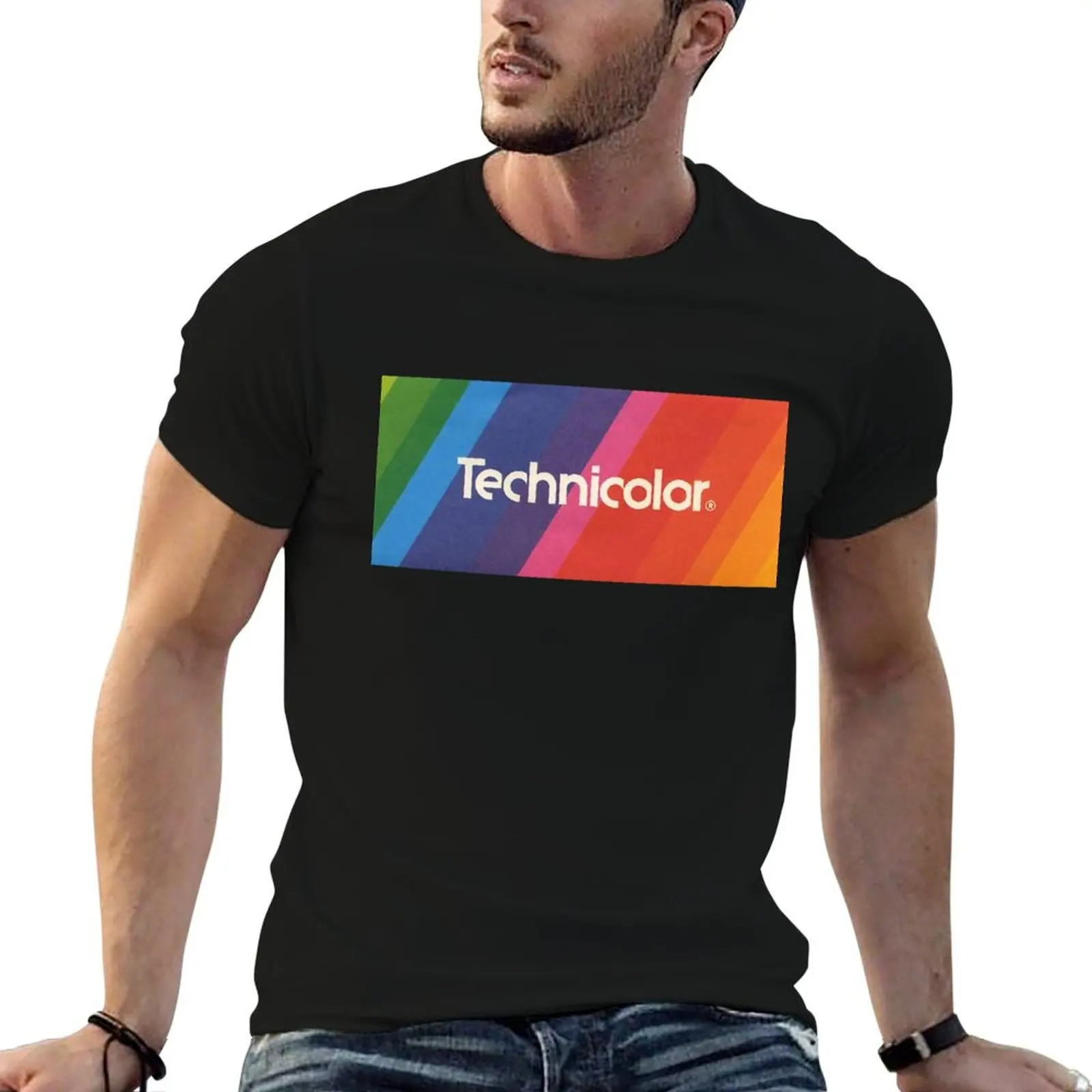 Camiseta con logo Technicolor, camiseta negra de algodón lisa para hombre, paquete de camisetas para hombre, camisetas de algodón para hombre, camisetas casuales para hombre