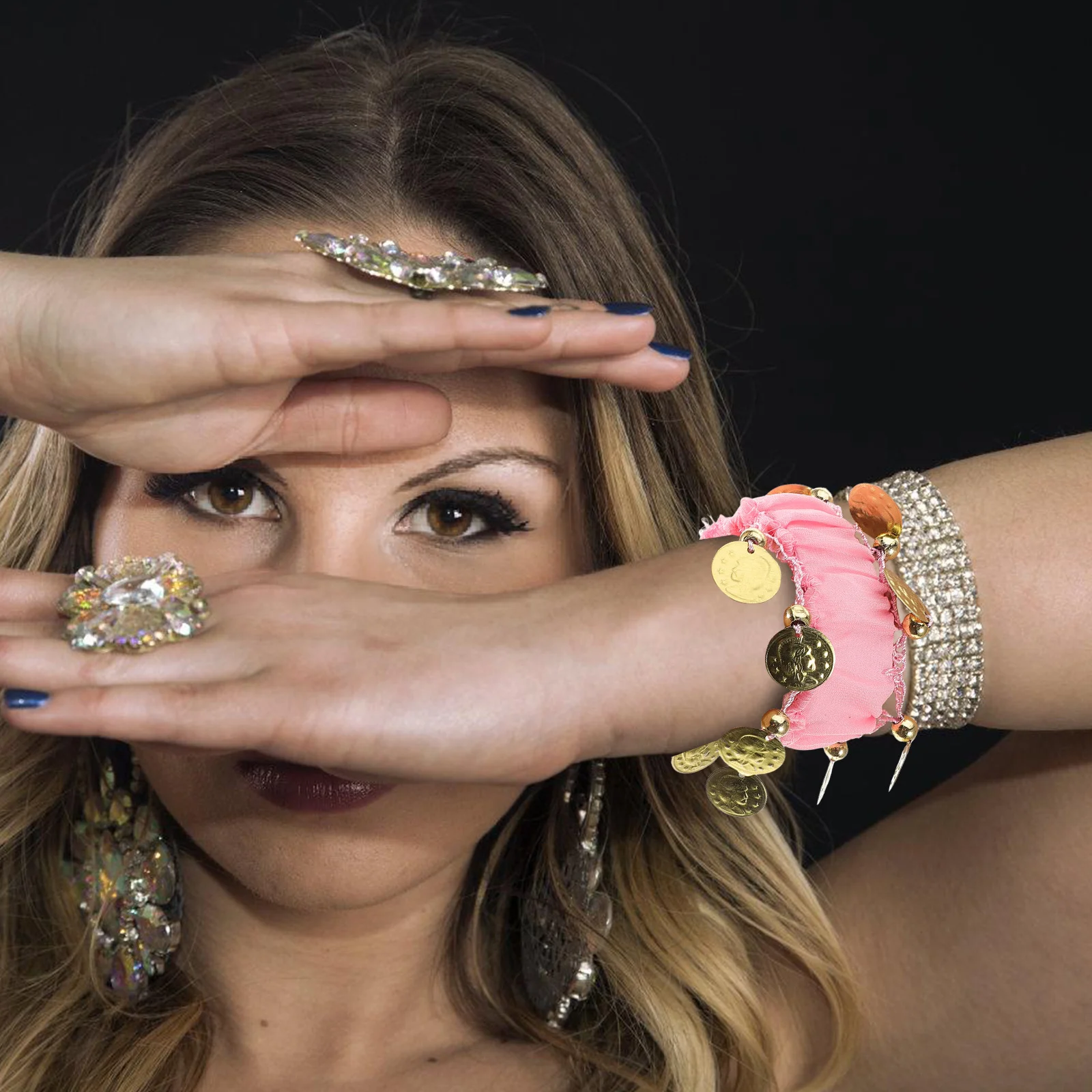 Bracelet de danse du ventre, 2 pièces, manchettes de poignet, pièces de monnaie, brassards en mousseline de soie, bijoux de Costume, accessoires d'halloween et de noël