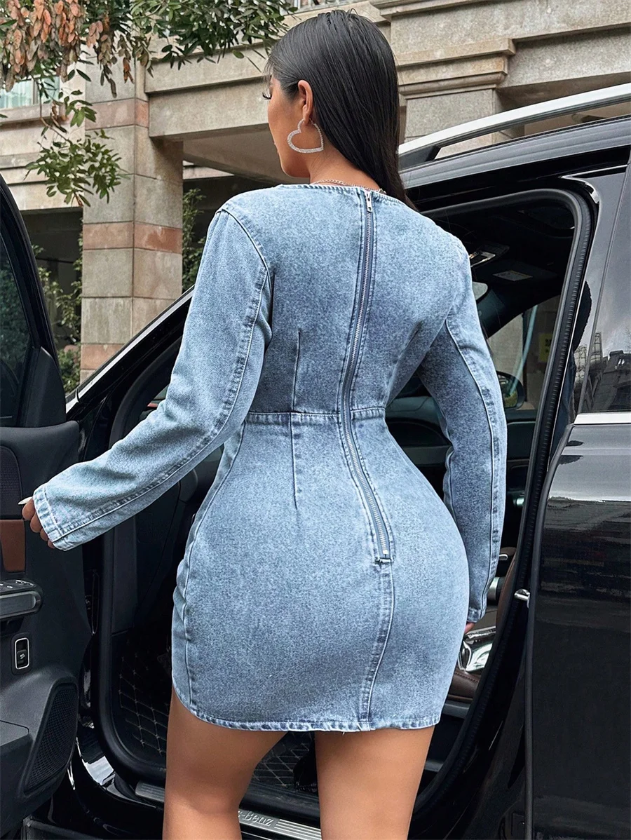 Benuynffy Surplice Neck Zipper Back Denim Dress Women's Spring Autumn Retro High Waist Long Sleeve Sexy Mini Bodycon Dresses