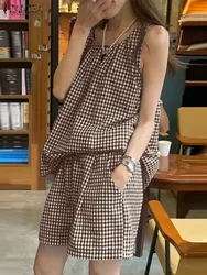 ZANZEA Summer 2024 Plaid Print Sets Women 2pcs Short Sets Vintage Sleeveless Tops Outfits Casual Elastic Waist Pocket Short Suit