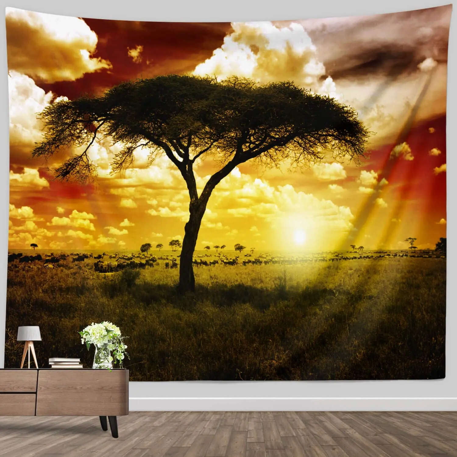 Scene Wall Tapestry Large, African Tree Wildlife Animal on Sunset Landscape Tapestry Dramatic Wall Hanging Fabric Blanket