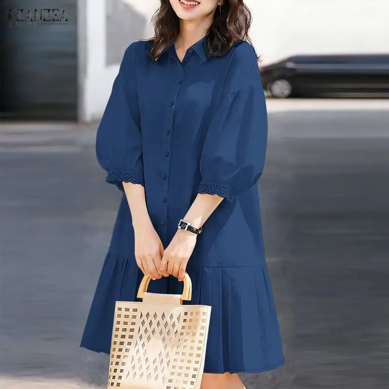 ZANZEA-vestido plisado hasta la rodilla para mujer, vestido con encaje y patchwork, camisa con mangas 3/4, vestido de verano con cuello vuelto, vestidos para mujer