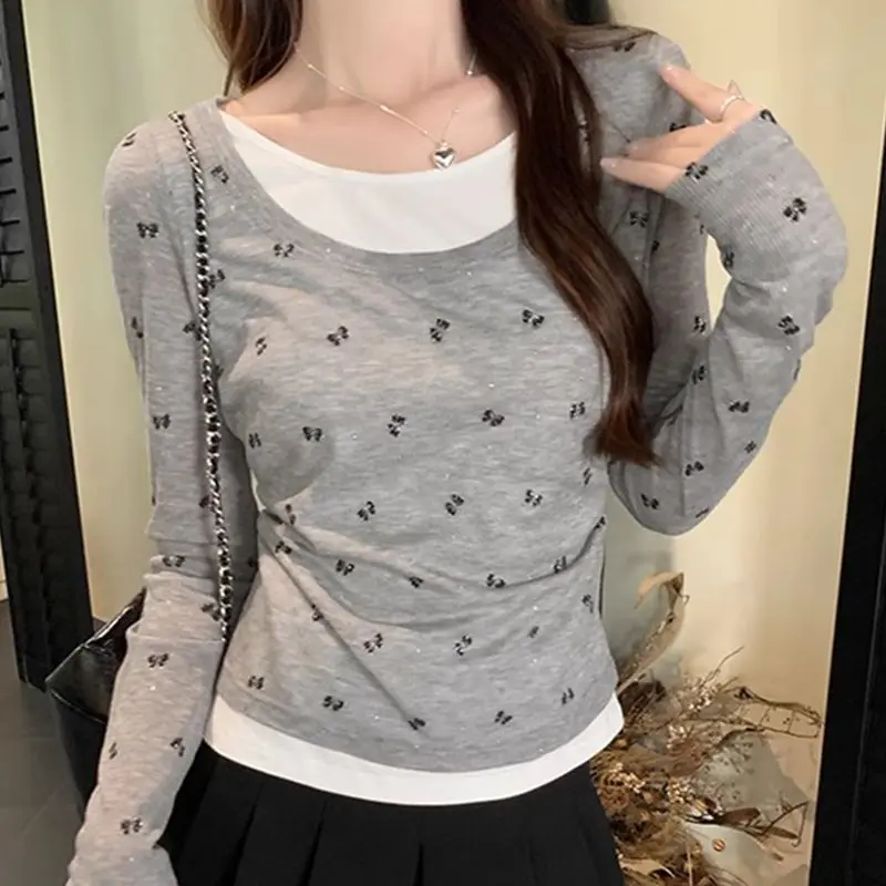 Sweet and Spicy Girl Fake Two Bow Printed Shoulder T-shirt Female Interior Bottom Unique Slimming Hoodie Top