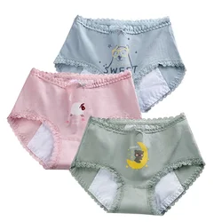 3PCS Cotton Menstrual Underwear for Women Leakproof Period Panties High Waisted Soft Absorbent Briefs with Cute Cartoon Pattern