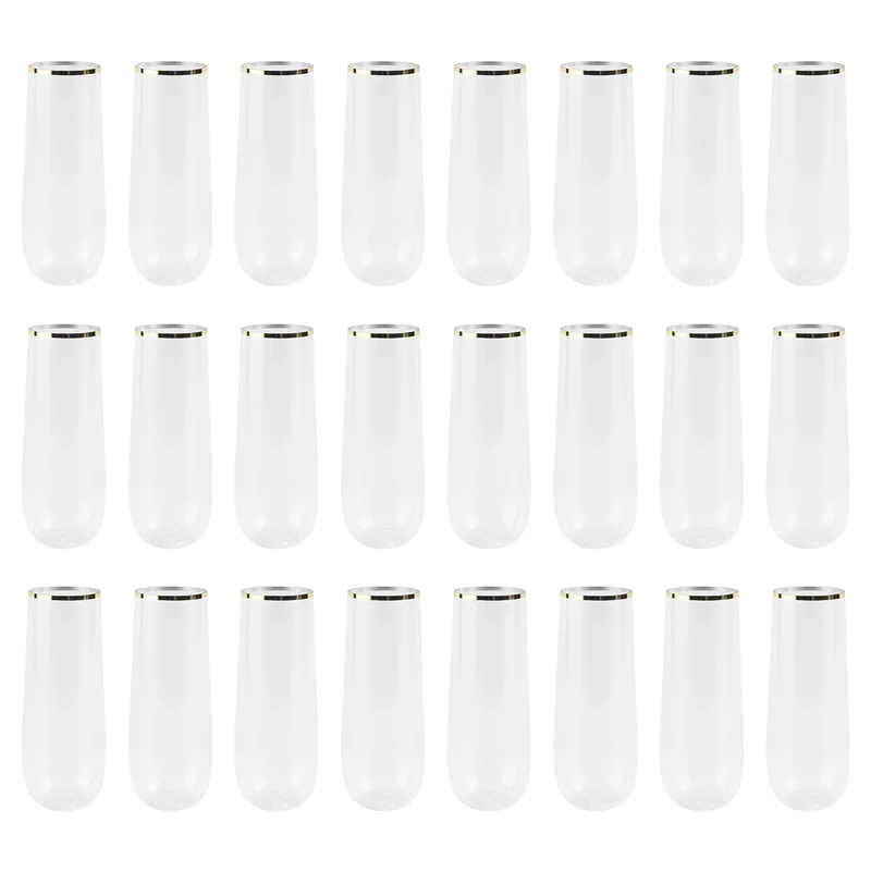 

24 Pieces Stemless Plastic Champagne Flutes, 9Oz Gold Rim Plastic Champagne Glasses, Clear Plastic Toasting Glasses-BAAQ