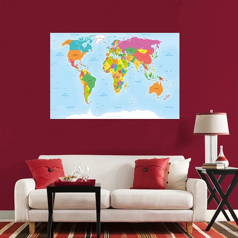 225*150cm In French The World Map Wall Poster Non-woven Canvas Painting Office Living Room Home Decor Children School Supplies