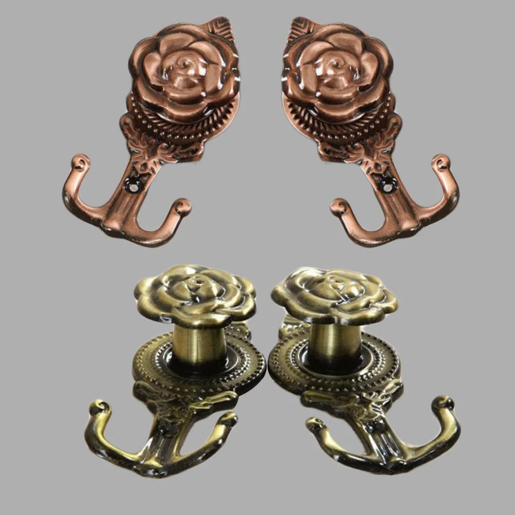 

4pcs Curtain Hooks Rose Shaped Metal Wall Mounted Decorative Hanging Hooks For Towels Bags Belts Keys Home Bathroom Decor