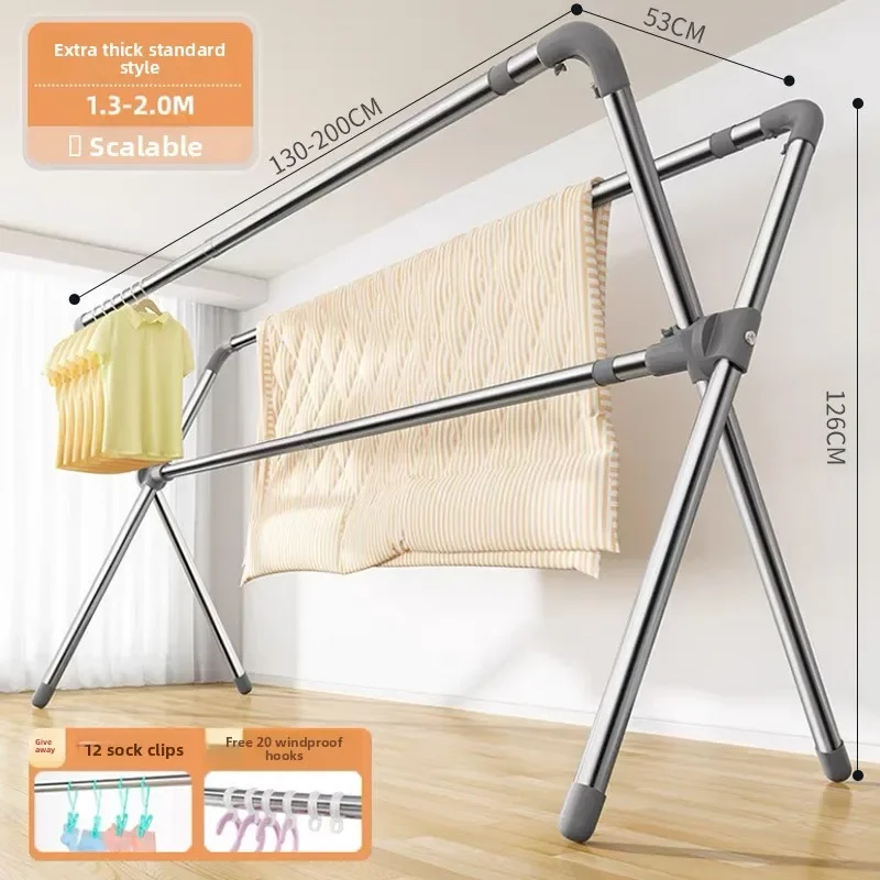 Mobile double rod floor drying rack Simple drying rack Double rod non-punching lifting adjustment telescopic rod drying rack