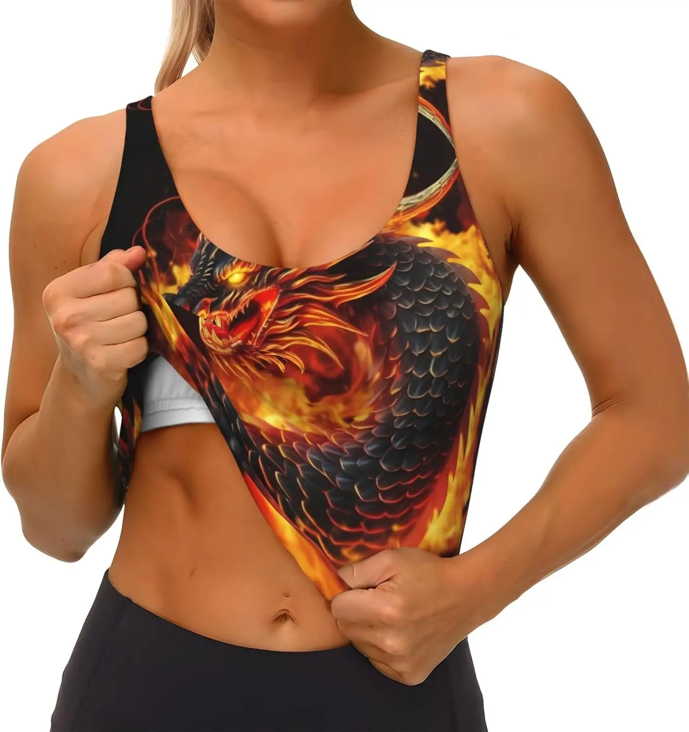 Fire มังกรจีนพิมพ์ผู้หญิงกีฬาเสื้อกั๊กเต้นรําโยคะเสื้อกั๊กพิมพ์กีฬา Bra Top Vest