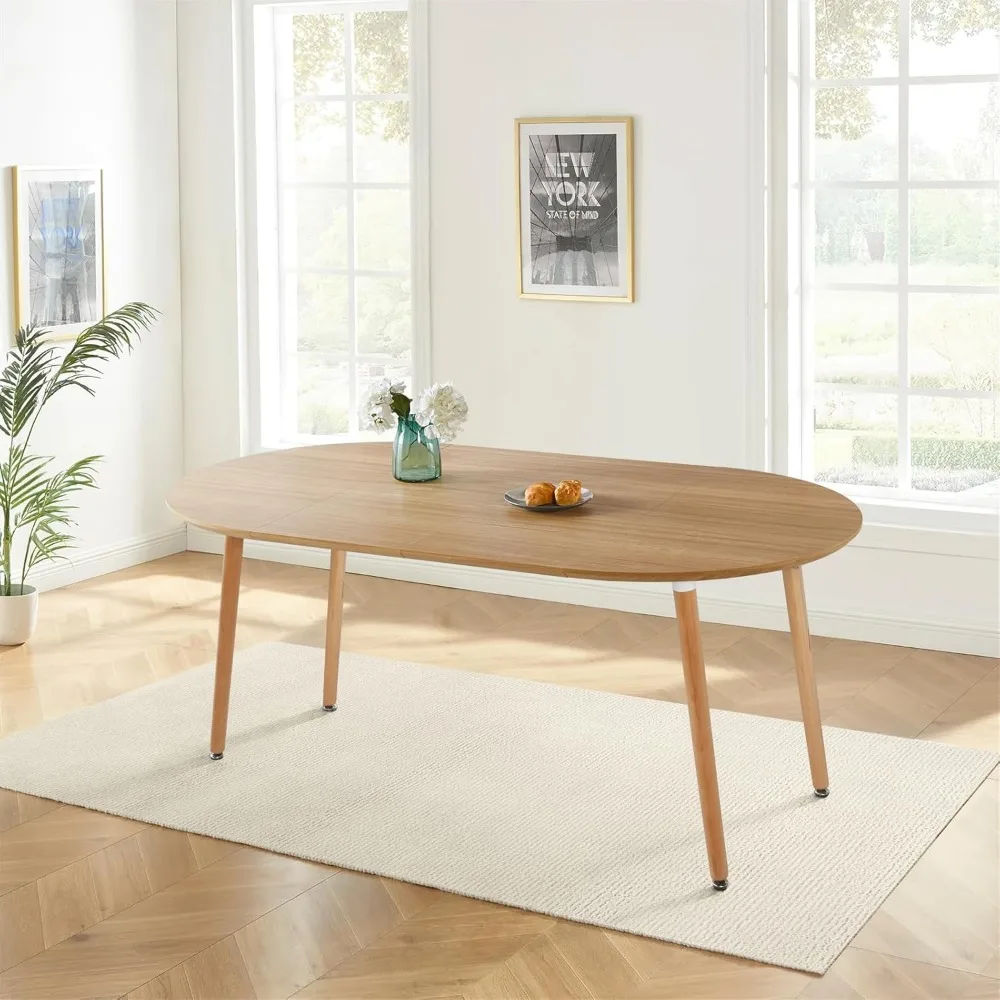 

Oval Extendable Dining Room Table for 4-8 People, Modern Wooden Dining Table with MDF Tabletop and Metal Frame, Extendable from