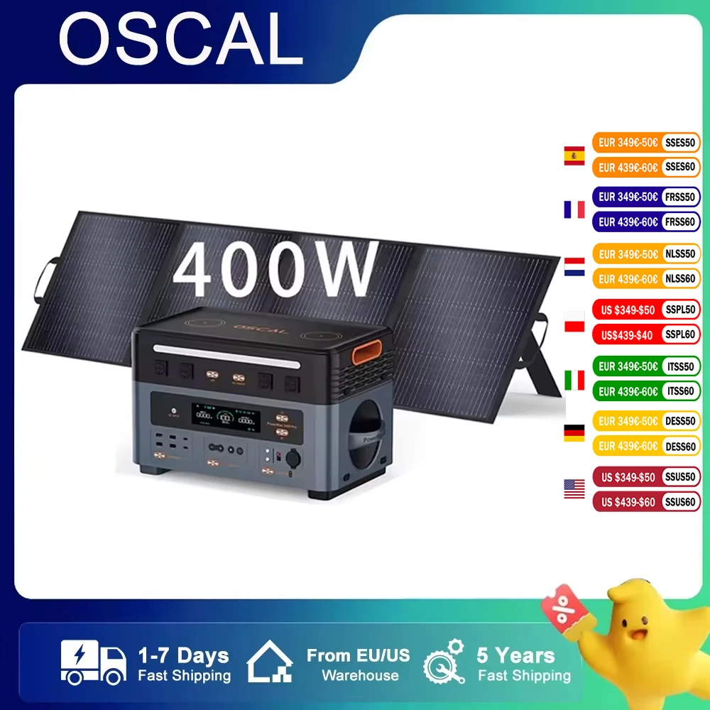 

Портативная электростанция Oscal Powermax 2400, 1872 Втч, расширяемая до аккумулятора LFP емкостью 20592 Вт, 2400 Вт, уличный источник питания с солнечной панелью