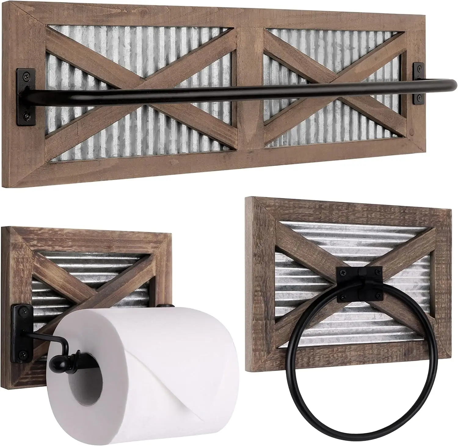 

Rustic Farmhouse Bathroom Set: Toilet Paper Holder, Towel Ring & Rack, 3PCS Wall Mount in Brown Wood